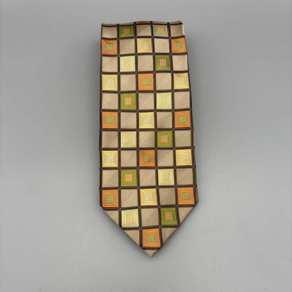 Bruno Piattelli Mens Tie, Gold Tan Copper Green Check Pattern, 100% Silk 60"